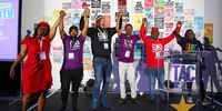 Some of the newly elected TAC leadership, from left: chairperson Sibongile Tshabalala, general secretary Anele Yawa, deputy general secretary Patrick Mdletshe, men’s sector Simon Shongwe, LGBTQIA Philemon Tshware, PLHIV sector Fikile Ntsweni. (Photo: Denvor de Wee)