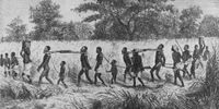 Circa 1850: Walking through the bush, children and adults in a slave chain gang, shackled by their necks and hands. An overseer with a gun walks beside them.  ‘Narrative of Expedition to The Zambesi’ — David & Charles Livingstone. (Photo: Hulton Archive / Getty Images)