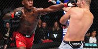  (L-R) Israel Adesanya of Nigeria punches Sean Strickland in the UFC middleweight championship fight during the UFC 293 event at Qudos Bank Arena on September 10, 2023 in Sydney, Australia. (Photo by Chris Unger/Zuffa LLC via Getty Images)