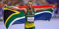 Mpumelelo Mhlongo of South Africa during the final of the mens 200m T64 where he won the bronze medal, on day 10 of the 2024 Paris Paralympics Games at Stade de France on September 07, 2024 in Paris, France. (Photo by Roger Sedres/Gallo Images)