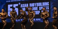 A group of male bodybuilders pose during the final round of the 55th Asian Bodybuilding and Physique Sports Championship 2023 in Kathmandu, Nepal, 06 September 2023. A total of 45 men and 16 women athletes from 25 countries in Asia participated in the competition. India's Saravanan Mani won the 55th Asian Bodybuilding and Physique Sports Championship.  EPA-EFE/NARENDRA SHRESTHA