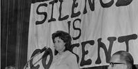 Dr Selma Browde of the Progressive Party giving a speech in front of a banner that says "Silence is Consent" on 17 May 1974 in South Africa. (Photo: Gallo Images / Rand Daily Mail / Times Media)