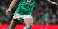 Johnny Sexton of Ireland kicks a conversion during the Six Nations Rugby match between Ireland and England at Aviva Stadium on March 18, 2023 in Dublin, Ireland. (Photo by David Rogers/Getty Images)