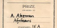 Author Anthony Akerman's Afrikaans Prize from Standard 4 in 1960. Image: Supplied