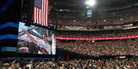 An image of Charlie Kirk during a memorial service at State Farm Stadium in Glendale, Arizona, on  21 September. (Photo: Rebecca Noble/Bloomberg via Getty Images)