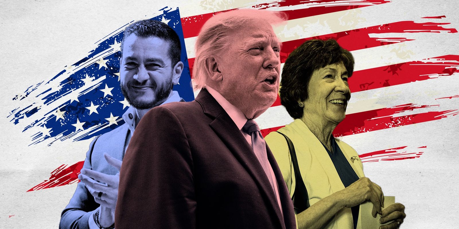 Three people and US flag.