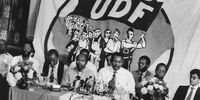 UDF leaders address the media in Cape Town on 4 February 1990. From left: Archie Gumede, Murphy Morobe, Mosiuoa 'Terror' Lekota, Moses Mayekiso and Popo Molefe. (Photo: Gallo Images / Rapport archives)