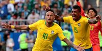 Neymar of Brazil (L) celebrates scoring the 1-0 lead next to teammate Paulinho of Brazil (R) during the FIFA World Cup 2018 round of 16 soccer match between Brazil and Mexico in Samara, Russia, 02 July 2018. EPA-EFE/WALLACE WOON