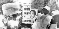 Protestors march through the streets after Chris Hani's assassination on 14 April 1993. Secretary-General of the South African Communist Party Martin Chris Hani was assassinated on 14 April 1993. Approximately 1.5 million people participated in the protests and marches that followed his assassination. In October 1993, Clive Derby-Lewis of the Conservative Party and a Polish immigrant, Janusz Walus, were found guilty for Hani's murder, and were sentenced to death. (Photo by Gallo Images/Media24 Newspaper Archives)