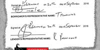 An extract from the last page of the alleged ‘loan agreement’. Simelane’s signature appears to be a replica of her signature on other documents. Razwinane’s signature similarly appears in other documents he previously signed. The handwriting appears similar to samples we have seen from Razwinane.