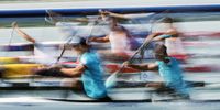  An image taken with slow shutter speed shows Sergey Yemelyanov (front L) and Timur Khaidarov (front R) of Kazakhstan compete during the Men's Canoe Double 500m heats of the Canoeing Sprint competitions in the Paris 2024 Olympic Games, at the Vaires-sur-Marne Nautical Stadium in Vaires-sur-Marne, France, 06 August 2024.  EPA-EFE/MAXIM SHIPENKOV
