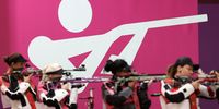ASAKA, JAPAN - JULY 24: Athletes practice before the qualification round of the 10m Air Rifle Women's Event on day one of the Tokyo 2020 Olympic Games at Asaka Shooting Range on July 24, 2021 in Asaka, Saitama, Japan. (Photo by Kevin C. Cox/Getty Images)