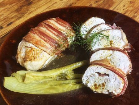 Pancetta-wrapped chicken parcels with a fennel forcemeat stuffing