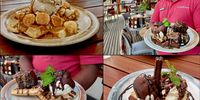 Clockwise, the banoffee waffle, the ice cream and bananas smothered in caramel; Bonga Mavundla serves chocolate brownie waffle decadence on a plate; a chocolate flake birthday treat waffle; a close-up of the brownie waffle with chocolate-encrusted ice cream. (Photo: Wanda Hennig)<br>