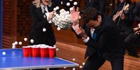 Diane Keaton and Jimmy Fallon play a game of "Wine Pong"  during a taping of "The Tonight Show Starring Jimmy Fallon" at Rockefeller Center on April 29, 2014 in New York City.  (Photo by Theo Wargo/NBC/Getty Images for "The Tonight Show Starring Jimmy Fallon")