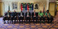 From left: Spectrum Party leader Christopher Claassen, United Independent Movement’s Neil de Beer, IFP leader Velenkosini Hlabisa, DA leader John Steenhuisen, Freedom Front Plus leader Pieter Groenewald, ActionSA president Herman Mashaba and the Independent SA National Civic Organisation’s Zukile Luyenge on the first day of the national convention on coalitions at Emperors Palace, Kempton Park, 17 August 2023. (Photo: Twitter / @Our_DA)
