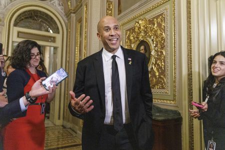 Democratic US Senator Booker takes on Trump in record-breaking speech