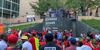 EFF supporters gather outside the Johannesburg Stock Exchange. (Photo: Ray Mahlaka)