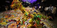 Jurassic Plastic, an installation by Japanese artist Hiroshi Fuji made of discarded plastic toys is displayed on the 'Jurassic Plastic' exhibition at ChangChui Creative Park, the Aircraft Flea Market in Bangkok, Thailand, 26 August 2019. The 'Jurassic Plastic' art exhibition by Japanese artist Hiroshi Fuji, displays sculptures of dinosaurs and animals made from the nearly 100,000 pieces of unwanted plastic toys from Japan and Thailand. The exhibit runs from 26 August to 14 October 2019.  EPA-EFE/NARONG SANGNAK
