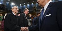 US President Joe Biden (right) shakes hands with retired Justice Stephen Breyer after delivering the State of the Union address to a joint session of Congress at the US Capitol, in Washington, DC, on 7 February 2023. (Photo: EPA-EFE / Jacquelyn Martin / POOL)