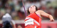 TOKYO, JAPAN - AUGUST 06: Haruka Kitaguchi of Team Japan competes in the Women's Javelin final on day fourteen of the Tokyo 2020 Olympic Games at Olympic Stadium on August 06, 2021 in Tokyo, Japan. (Photo by Michael Steele/Getty Images)