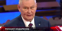 A screenshot of military analyst Mikhail Khodaryonok on Russian state TV this week. (Image: Supplied)