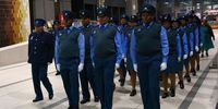 Law enforcementofficers march at the start of the memorial service for the two learner law enforcement officers (LEAP) Zamikhaya Kwinana and Mogamad Toufeek Williams, who were killed last week. 14 August 2023. Photo: Ziyanda Dube