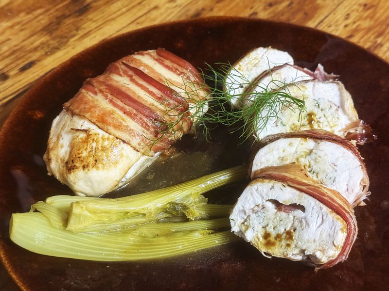 Pancetta-wrapped chicken parcels with a fennel forcemeat stuffing