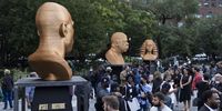 Three sculptures by artist Chris Carnabuci that make up the new 'SEEINJUSTICE' public art exhibit , from left 'FLOYD,' of George Floyd, 'JOHN LEWIS,' of Congressman John Lewis, and 'BREONNA,' of Breonna Taylor, are displayed after being unveiled today in Union Square in New York, New York, USA, 30 September 2021. The sculptures, which are the inaugural exhibit by Confront Art, a group that aims to connect artists with social justice causes with the intention of creating public art, will be on display until 30 October 2021.  EPA-EFE/JUSTIN LANE